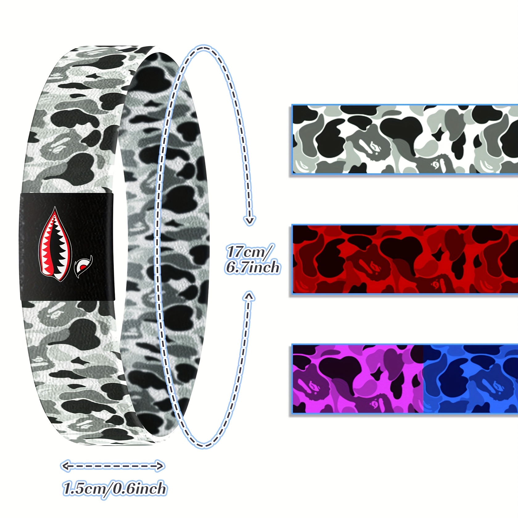 Shark Camo Print Wristband Elastic Polyester Vintage Style 1pc